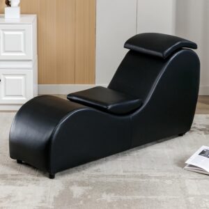 Curved Chaise Lounge Chair for Stretching and Relaxation, Faux Leather Yoga Chair with Adjustable Cushion, Black