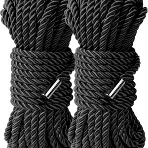 Silk Soft Rope, Skin Friendly Soft Nylon Silky Black Red Ropes, Durable Multipurpose Color Braided Satin Twisted Cord Long Rope 32 Feet 8 mm (2-Pack, Black)