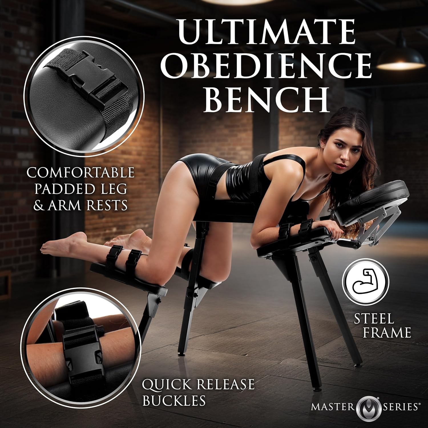 Master Series Adjustable Restraint Bench with Wrist Cuffs for Men, Women, and Couples, Padded Faux Leather Design, Face and Access Openings, Steel Frame, Fully Adjustable, Easy to Clean